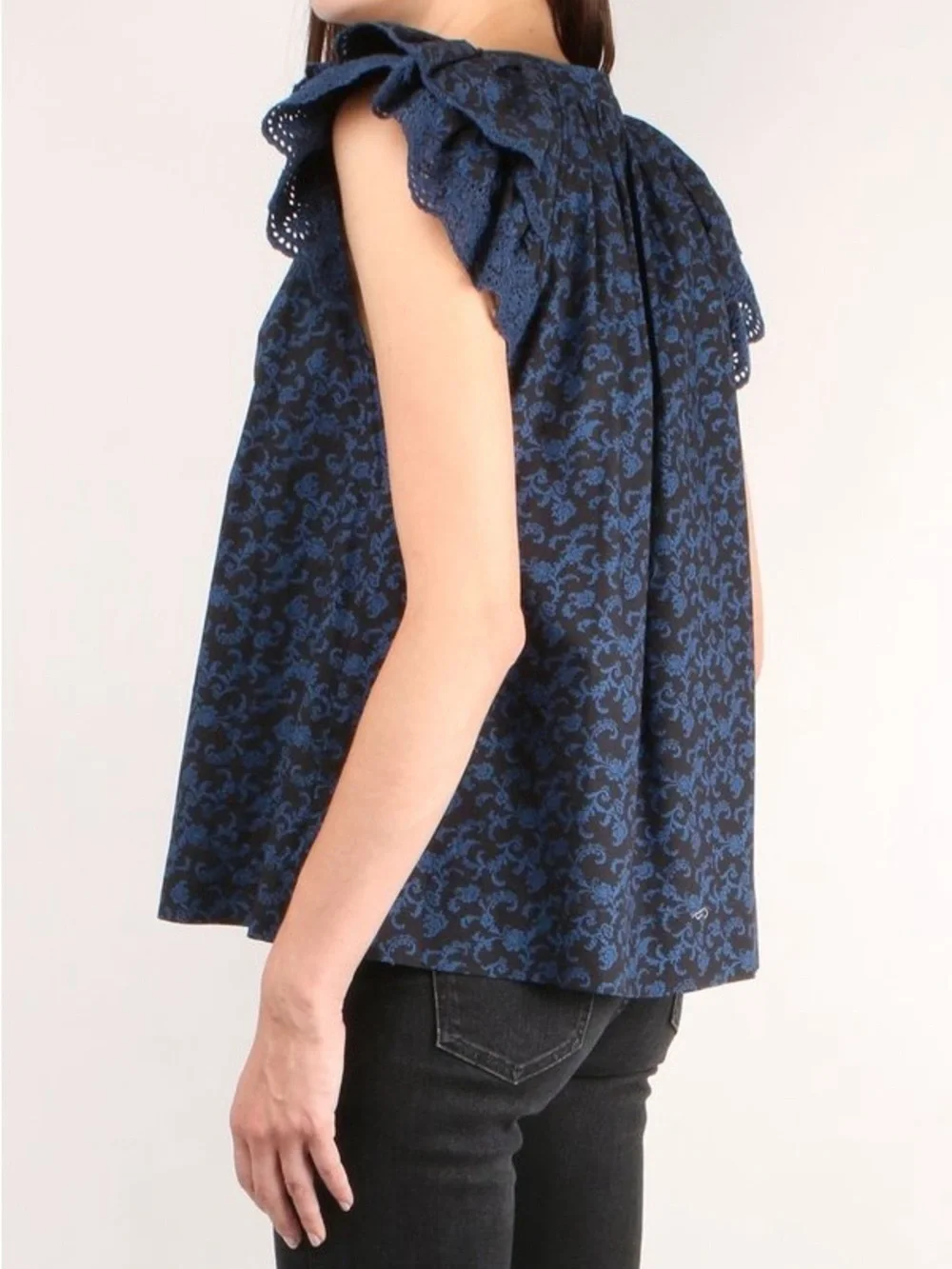 Ulla Johnson Elm Top-Navy & Blue Floral Tassel Tie-Front Blouse Retail $245